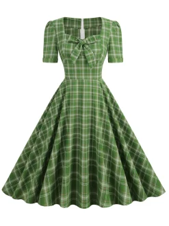 Discount Retro Stage 1950s Gingham Plaid Square Neck Flared Dress