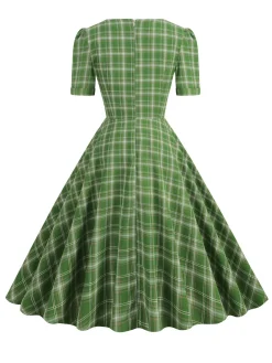 Discount Retro Stage 1950s Gingham Plaid Square Neck Flared Dress
