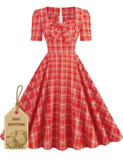 Discount Retro Stage 1950s Gingham Plaid Square Neck Flared Dress