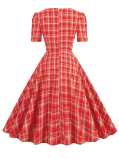 Discount Retro Stage 1950s Gingham Plaid Square Neck Flared Dress