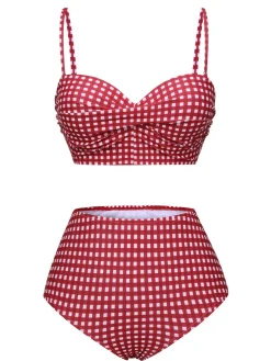 New Retro Stage 1950s Gingham Plaid Suspender Swimsuit