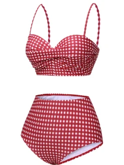New Retro Stage 1950s Gingham Plaid Suspender Swimsuit