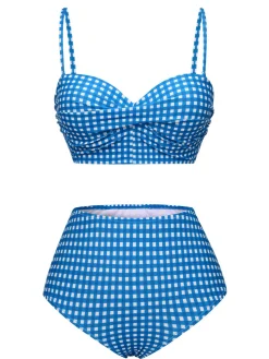 New Retro Stage 1950s Gingham Plaid Suspender Swimsuit