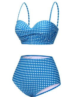 New Retro Stage 1950s Gingham Plaid Suspender Swimsuit