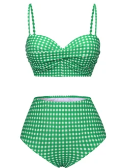 New Retro Stage 1950s Gingham Plaid Suspender Swimsuit