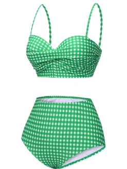 New Retro Stage 1950s Gingham Plaid Suspender Swimsuit