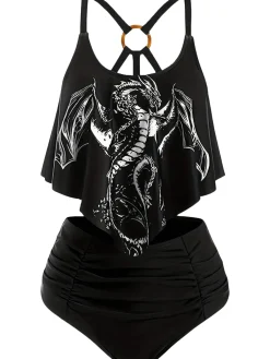 Discount Retro Stage 1980s Gothic Dragon Back-Cross Ruffle Swimsuit