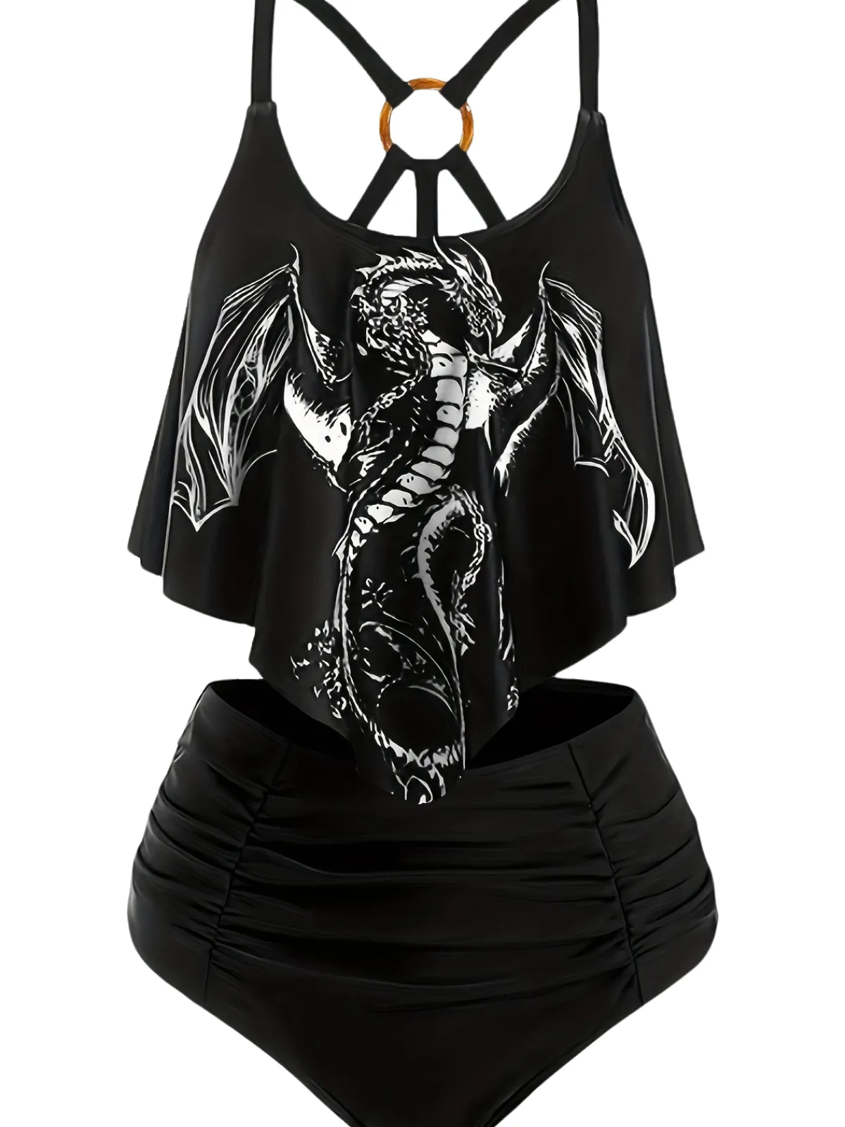 Discount Retro Stage 1980s Gothic Dragon Back-Cross Ruffle Swimsuit