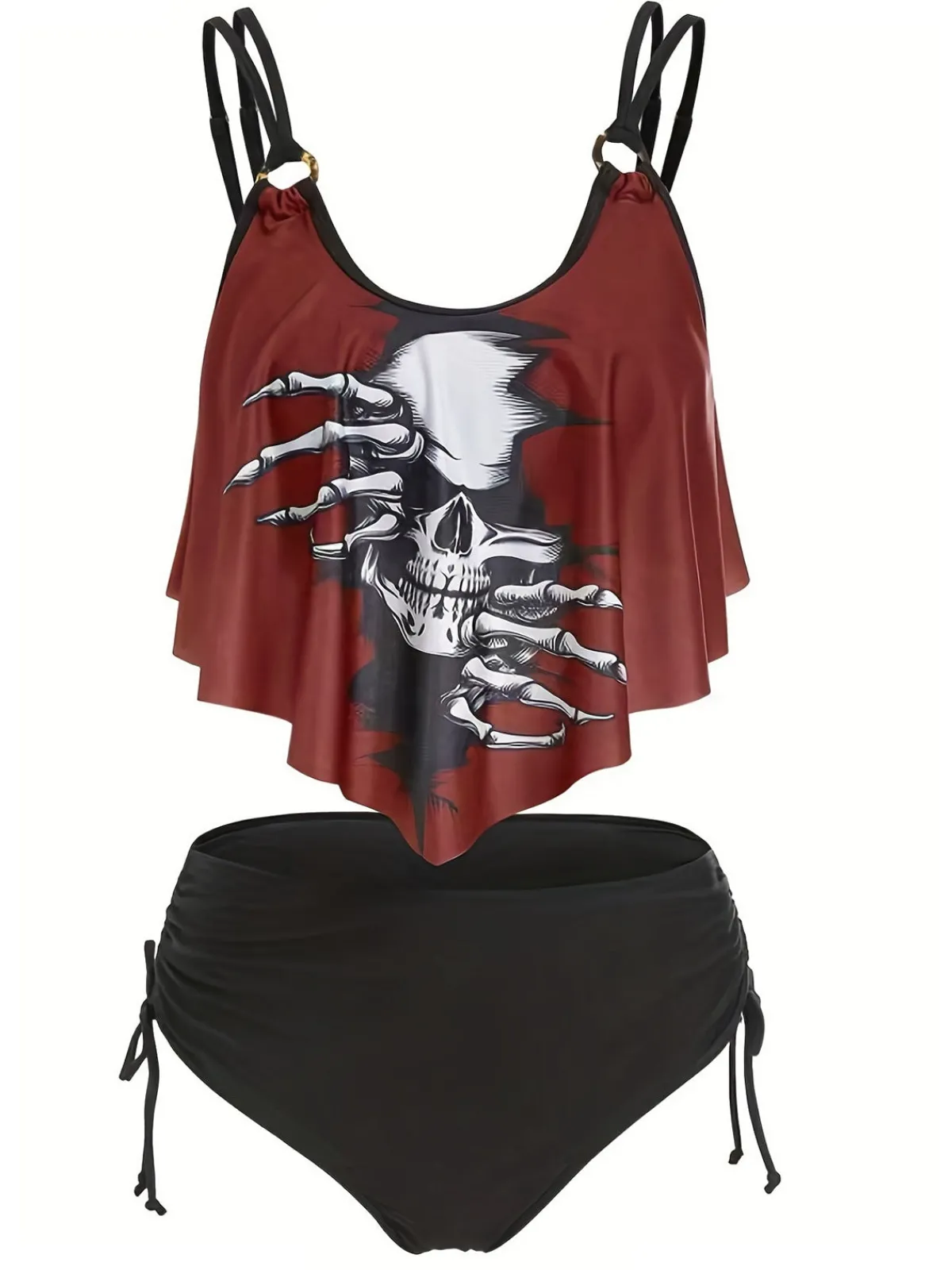 Online Retro Stage 1980s Gothic Skull Bow Ruffle Swimsuit