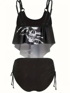 Online Retro Stage 1980s Gothic Skull Bow Ruffle Swimsuit