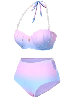 Fashion Retro Stage 1960s Gradient Mermaid Seashell Pearl Swimsuit Blue