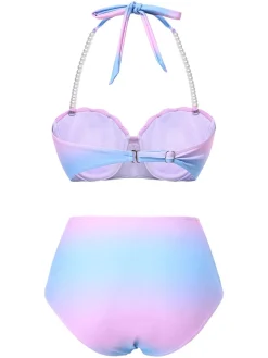 Fashion Retro Stage 1960s Gradient Mermaid Seashell Pearl Swimsuit Blue
