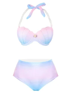 Clearance Retro Stage 1940s Shell Pearl Bikini Set Gradient Pink