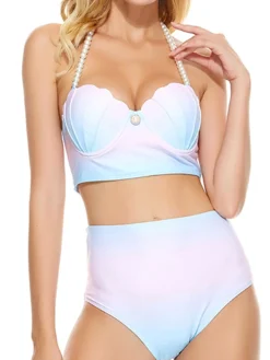 Clearance Retro Stage 1940s Shell Pearl Bikini Set Gradient Pink