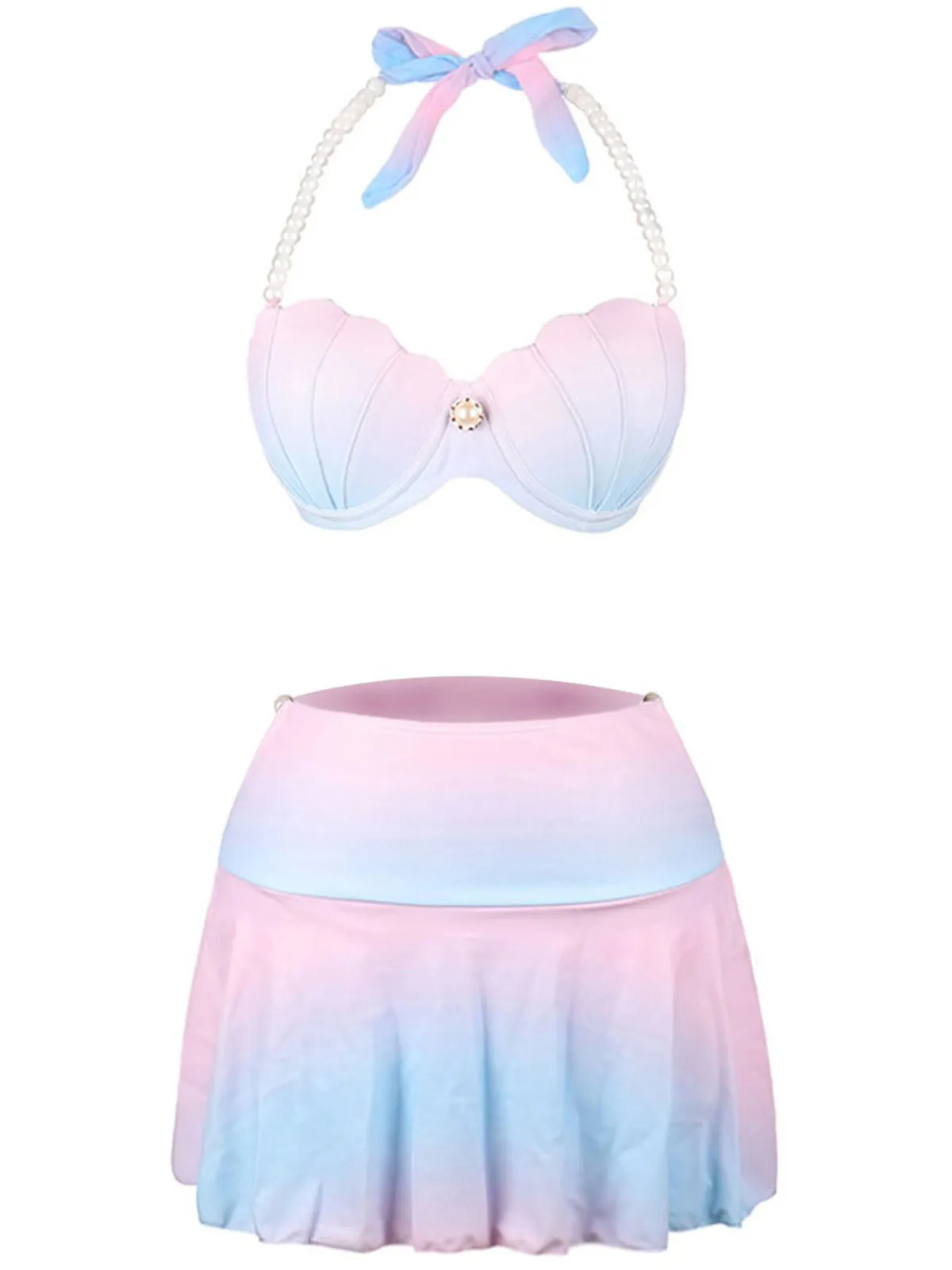 Clearance Retro Stage 1940s Shell Skirted Bikini Set Gradient Pink