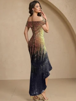 Clearance Retro Stage 1930s Gradient Sequined Slashed Fishtail Dress Gold
