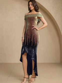 Clearance Retro Stage 1930s Gradient Sequined Slashed Fishtail Dress Gold