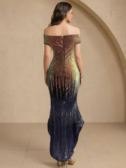 Clearance Retro Stage 1930s Gradient Sequined Slashed Fishtail Dress Gold