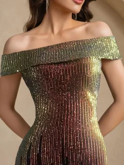 Clearance Retro Stage 1930s Gradient Sequined Slashed Fishtail Dress Gold