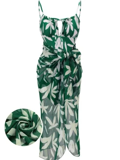 Sale Retro Stage 1960s Leaf Sleeveless Camisole Strap Swimsuit Green