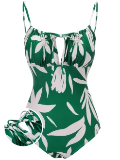 Sale Retro Stage 1960s Leaf Sleeveless Camisole Strap Swimsuit Green