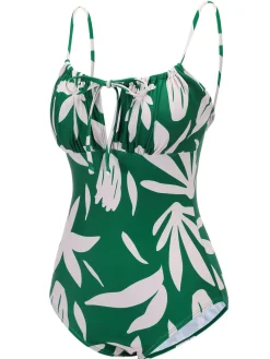 Sale Retro Stage 1960s Leaf Sleeveless Camisole Strap Swimsuit Green