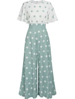Fashion Retro Stage 1930s White Splicing Polka Dot Jumpsuit Green