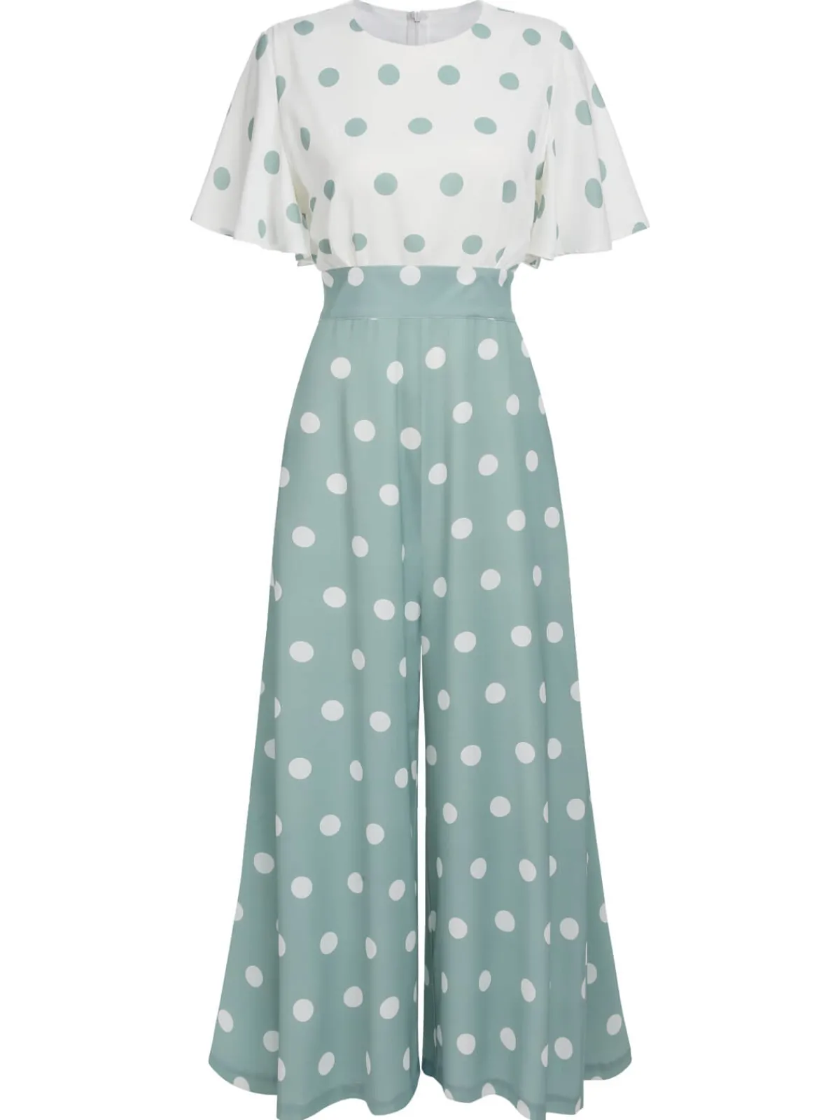 Fashion Retro Stage 1930s White Splicing Polka Dot Jumpsuit Green