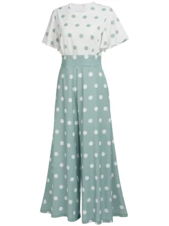 Fashion Retro Stage 1930s White Splicing Polka Dot Jumpsuit Green