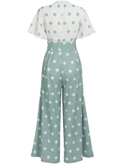 Fashion Retro Stage 1930s White Splicing Polka Dot Jumpsuit Green
