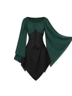 Discount Retro Stage 1950s Halloween Bat Sleeves Patchwork Dress