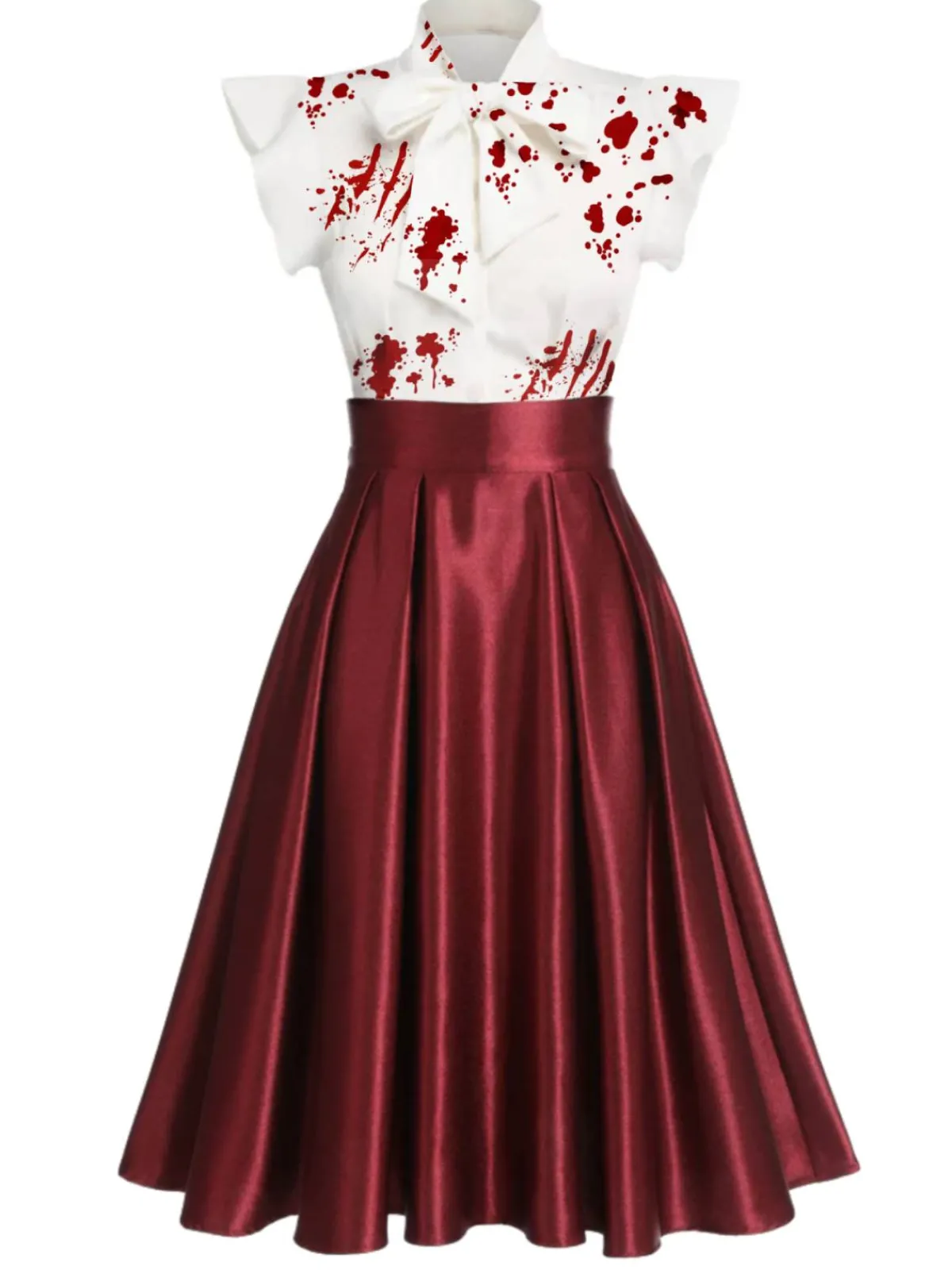Clearance Retro Stage 1950s Halloween Blood Bowknot Patchwork Dress White & Wine Red