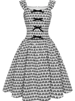 Outlet Retro Stage 1950s Halloween Cat Print Velvet Bow Dress White