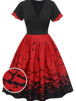 Sale Retro Stage 1950s Halloween Flounce Sleeve Swing Dress Red