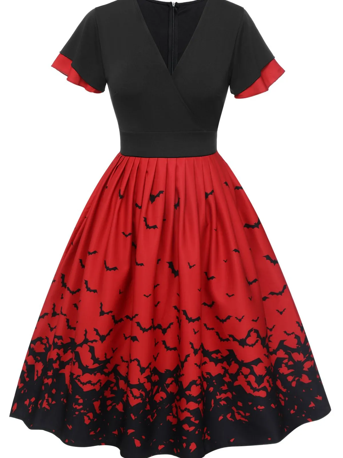 Sale Retro Stage 1950s Halloween Flounce Sleeve Swing Dress Red