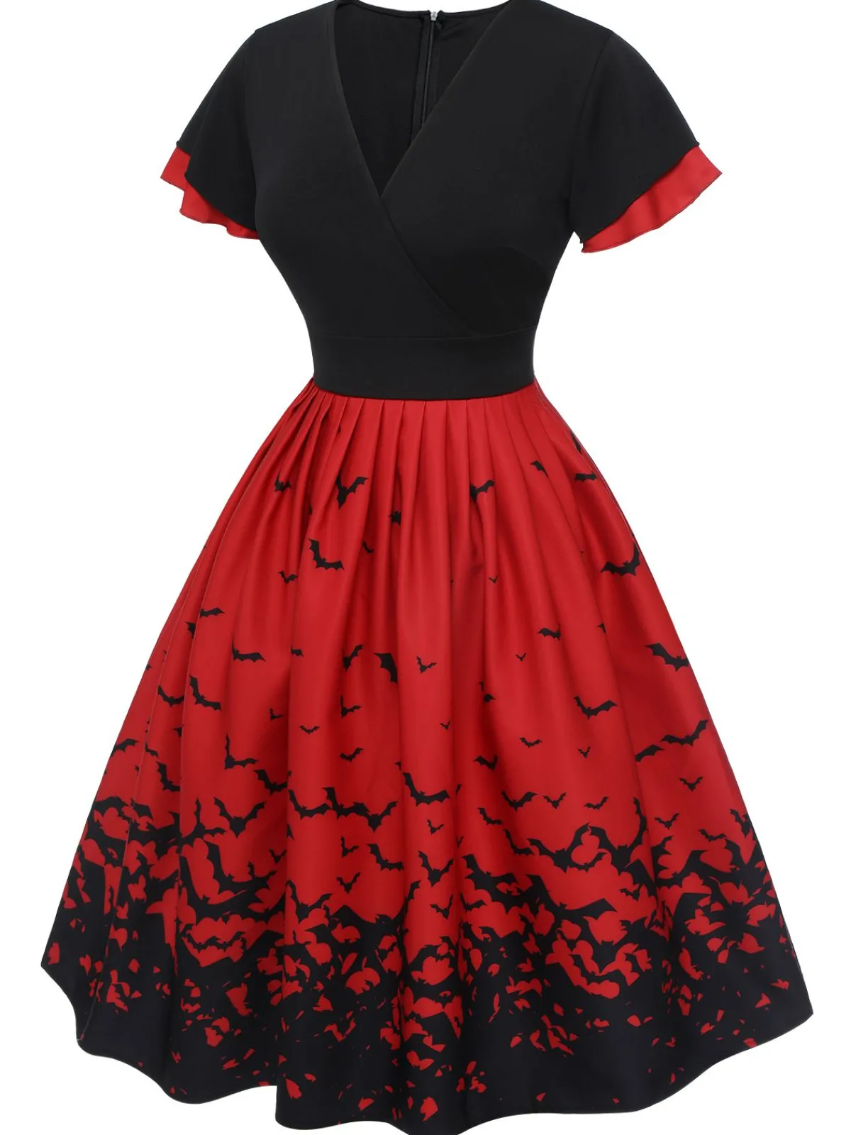 Sale Retro Stage 1950s Halloween Flounce Sleeve Swing Dress Red