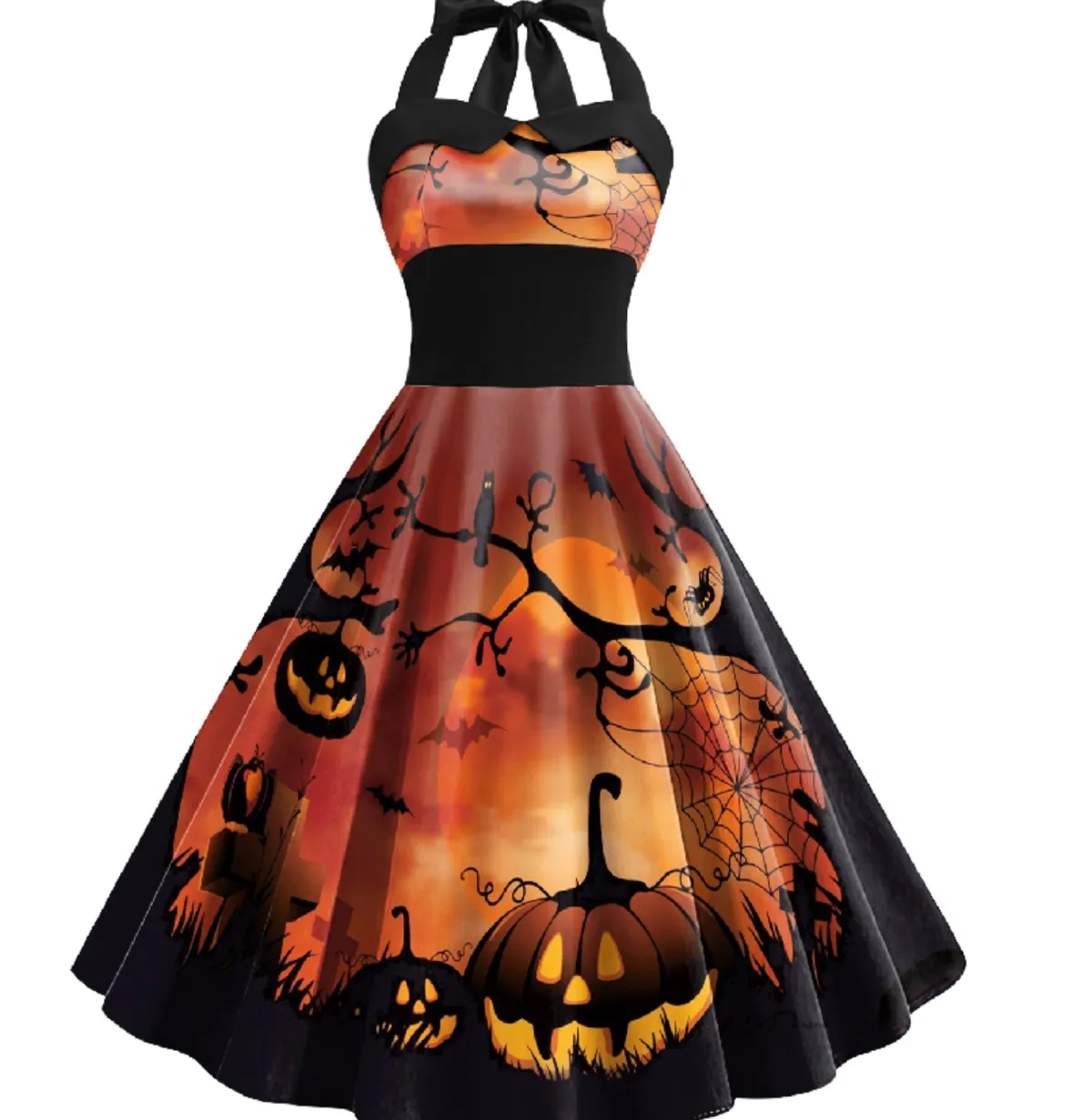 Outlet Retro Stage 1950s Halloween Halter Patchwork Swing Dress Fire Brick Red