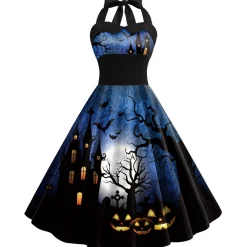 Clearance Retro Stage 1950s Halloween Halter Waist Swing Dress Blue