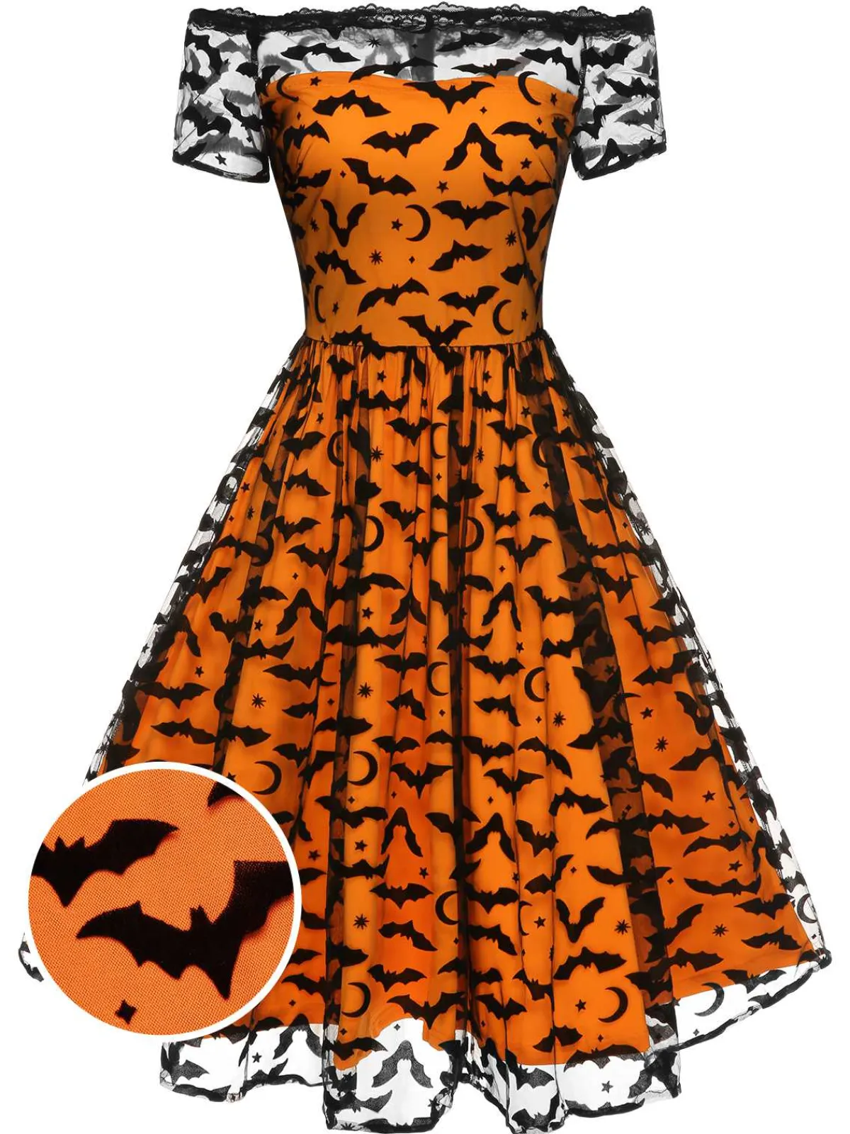 Clearance Retro Stage 1950s Halloween Lace Off-shoulder Swing Dress Orange