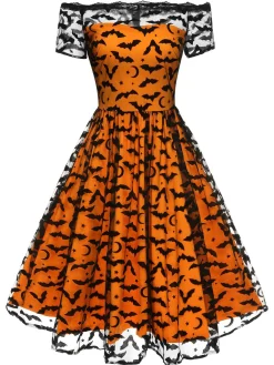 Clearance Retro Stage 1950s Halloween Lace Off-shoulder Swing Dress Orange