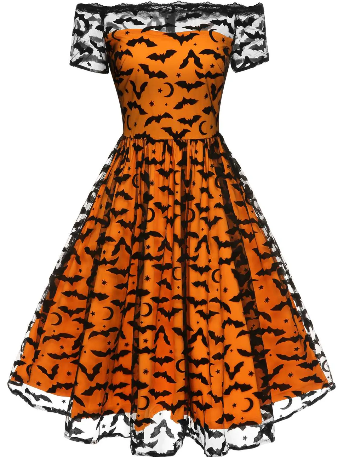 Clearance Retro Stage 1950s Halloween Lace Off-shoulder Swing Dress Orange