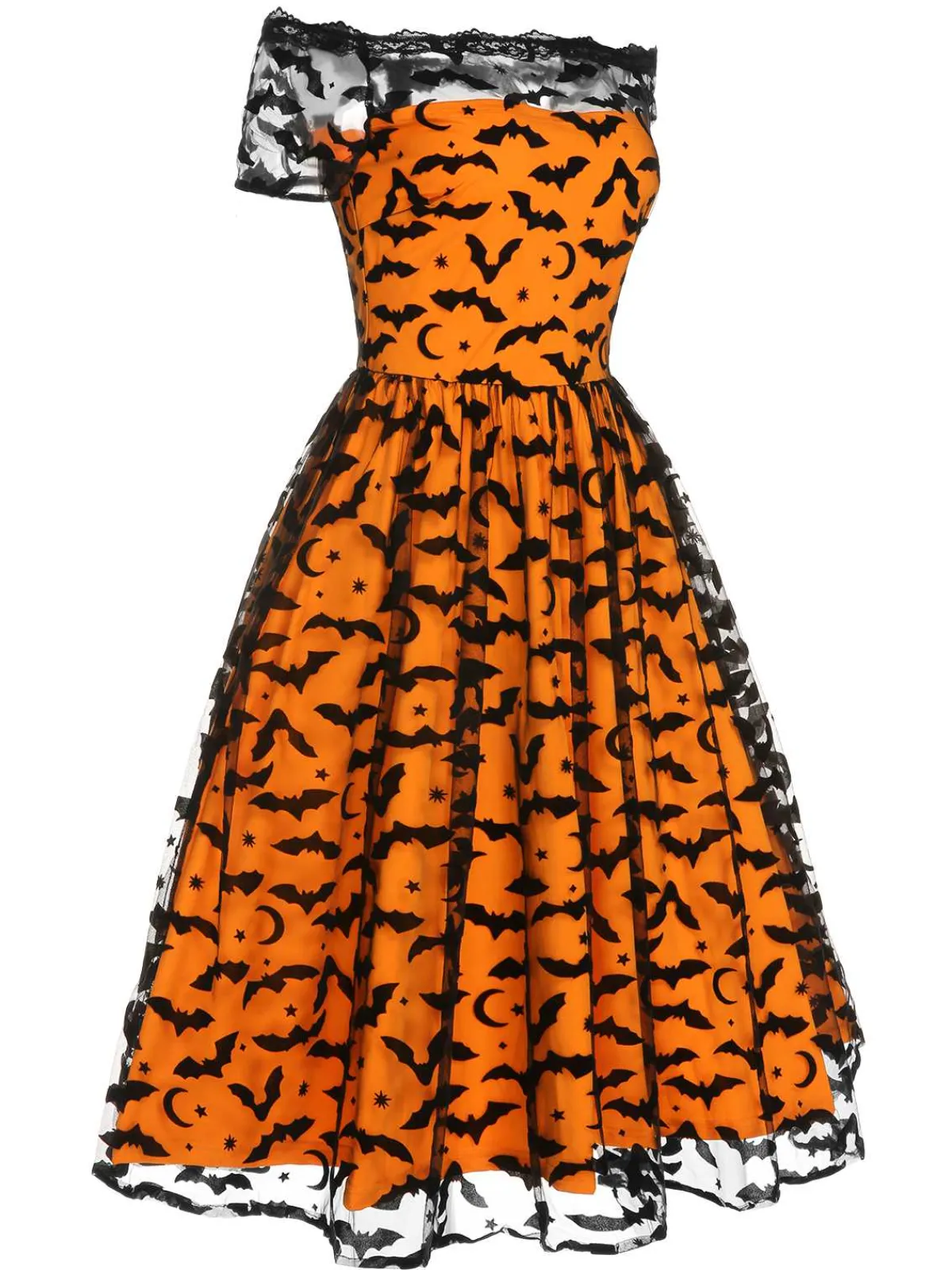 Clearance Retro Stage 1950s Halloween Lace Off-shoulder Swing Dress Orange