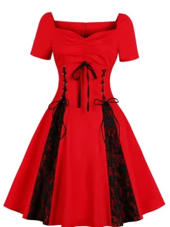 Clearance Retro Stage 1980s Halloween Lace Patchwork Swing Dress