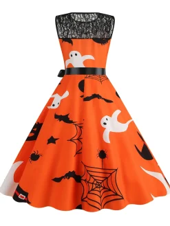 Clearance Retro Stage 1950s Halloween Lace Patchwork Sleeveless Dress