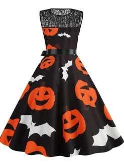 Clearance Retro Stage 1950s Halloween Lace Patchwork Sleeveless Dress