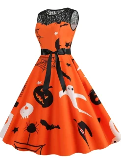 Clearance Retro Stage 1950s Halloween Lace Patchwork Sleeveless Dress