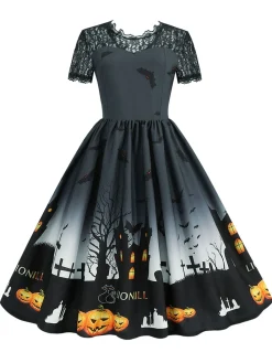 Hot Retro Stage 1950s Halloween Lace Patchwork Short Sleeves Dress