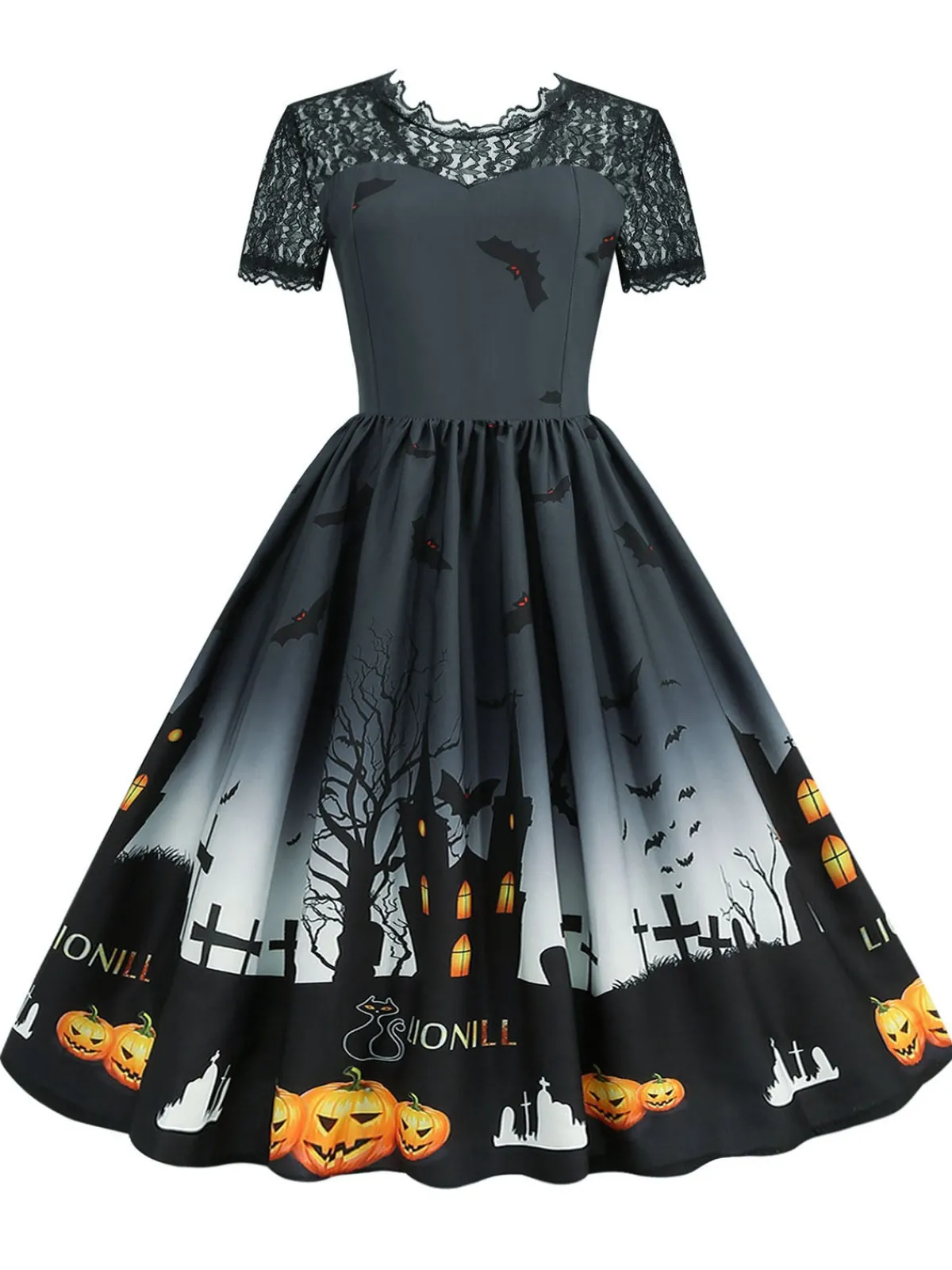 Hot Retro Stage 1950s Halloween Lace Patchwork Short Sleeves Dress