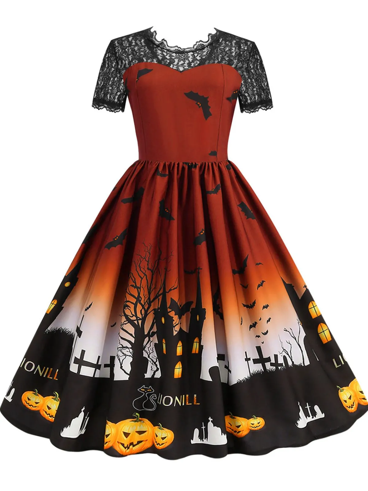 Hot Retro Stage 1950s Halloween Lace Patchwork Short Sleeves Dress