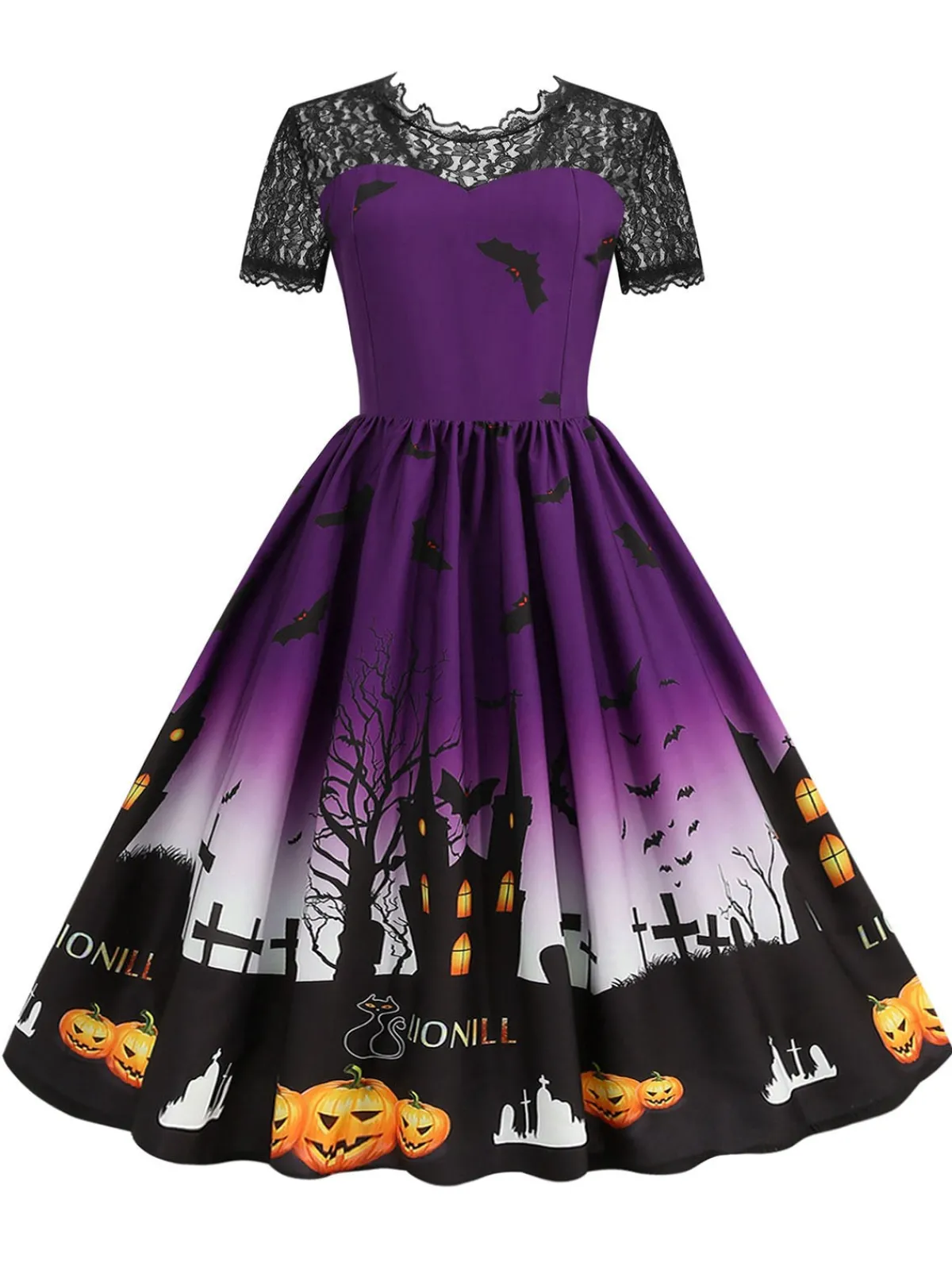 Hot Retro Stage 1950s Halloween Lace Patchwork Short Sleeves Dress